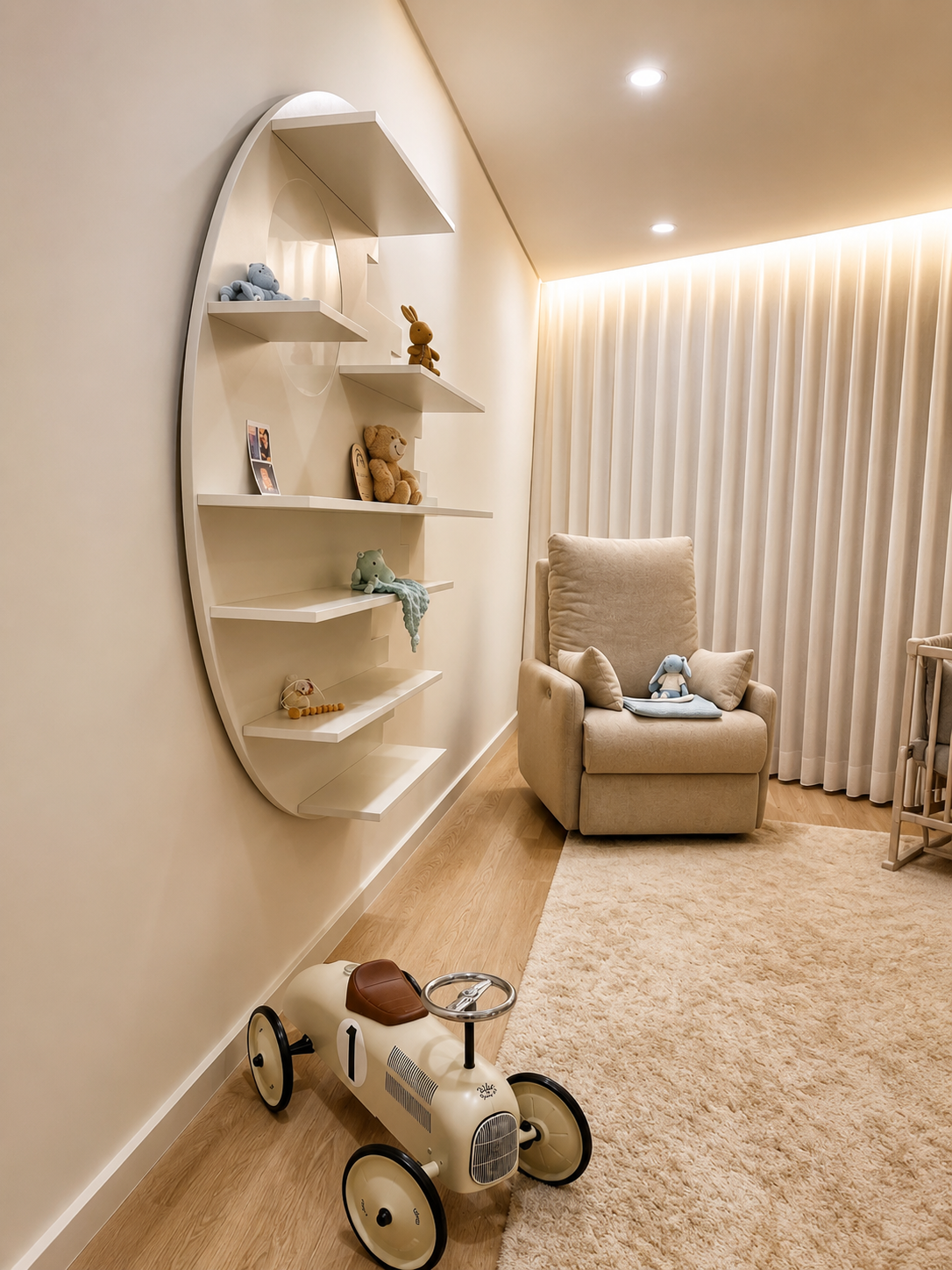 Quarto de bebé com estante curva, cadeirão e carrinho vintage