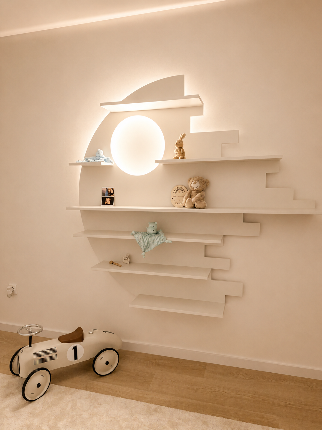 Pormenor da estante escultórica com lua iluminada e brinquedos